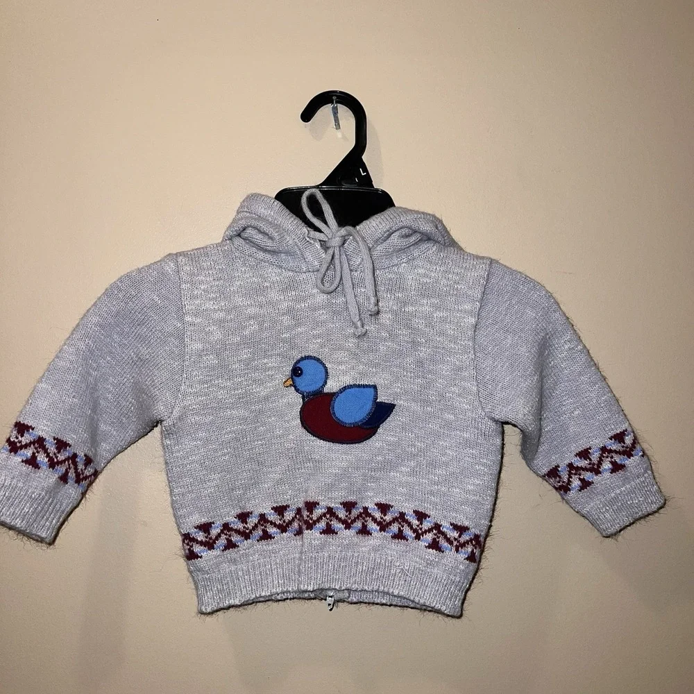 Vintage 80s Health-Tex Duck Sweater Soft Cotton Hooded Sweater Back Zip Applique